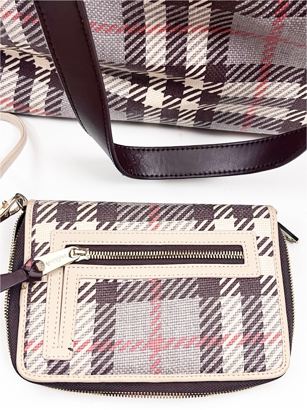 SPARTINA 449 Plaid Natural Linen Genuine Leather Interior Exterior Bag W/ Wallet - Picture 3 of 13